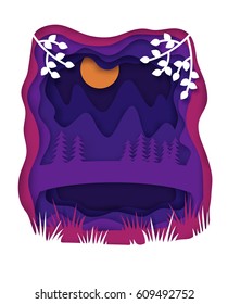 Paper cut beautiful night landscape with mountains, lake and trees. Usable for web and print, flyers, posters, card, brochure cover. Vector illustration. 