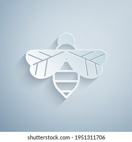 Paper cut Bee icon isolated on grey background. Sweet natural food. Honeybee or apis with wings symbol. Flying insect. Paper art style. Vector