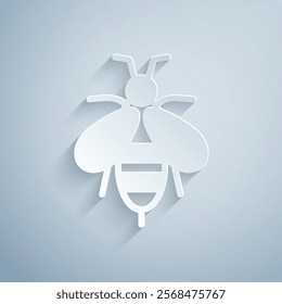 Paper cut Bee icon isolated on grey background. Sweet natural food. Honeybee or apis with wings symbol. Flying insect. Paper art style. Vector