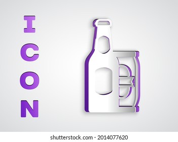 Paper cut Beer bottle and beer can icon isolated on grey background. Paper art style. Vector