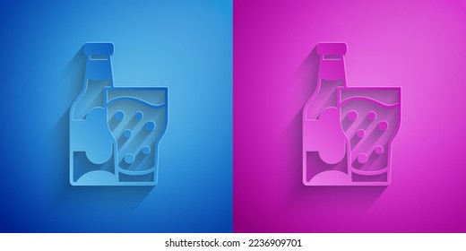 Paper cut Beer bottle and glass icon isolated on blue and purple background. Alcohol Drink symbol. Paper art style. Vector