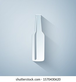 Paper cut Beer bottle icon isolated on grey background. Paper art style. Vector Illustration