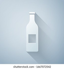 Paper cut Beer bottle icon isolated on grey background. Paper art style. Vector Illustration