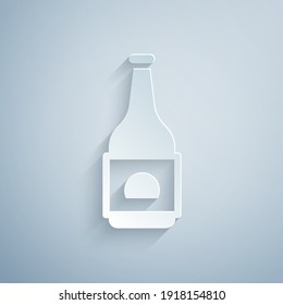 Paper cut Beer bottle icon isolated on grey background. Paper art style. Vector.