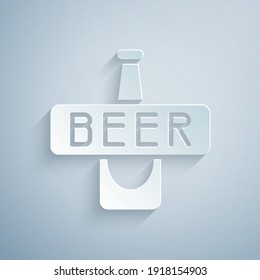 Paper cut Beer bottle icon isolated on grey background. Paper art style. Vector.