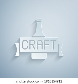 Paper cut Beer bottle icon isolated on grey background. Paper art style. Vector.