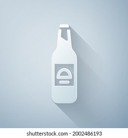 Paper cut Beer bottle icon isolated on grey background. Paper art style. Vector