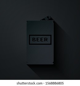 Paper cut Beer can icon isolated on black background. Paper art style. Vector Illustration