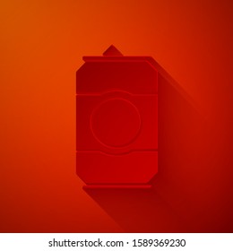 Paper cut Beer can icon isolated on red background. Paper art style. Vector Illustration