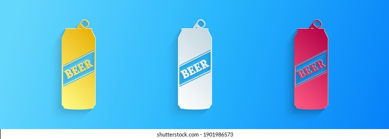 Paper cut Beer can icon isolated on blue background. Paper art style. Vector.