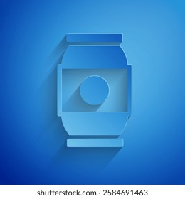 Paper cut Beer can icon isolated on blue background. Paper art style. Vector