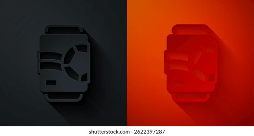 Paper cut Beer can icon isolated on black and red background. Paper art style. Vector