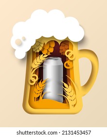 Paper cut beer mug with foam, wheat ears, hops and realistic aluminum can, vector illustration. Alcohol drink branding mockup, advertising.