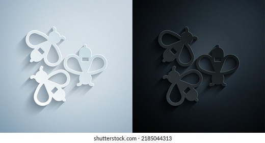 Paper cut Bees icon isolated on grey and black background. Sweet natural food. Honeybee or apis with wings symbol. Flying insect. Paper art style. Vector