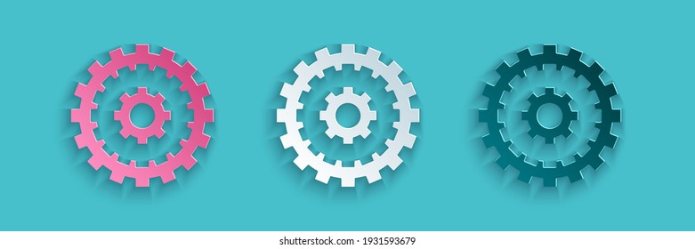 Paper cut Bicycle cassette mountain bike icon isolated on blue background. Rear Bicycle Sprocket. Chainring crankset with chain. Paper art style. Vector