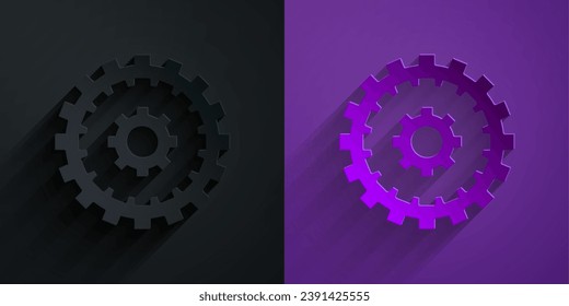 Paper cut Bicycle cassette mountain bike icon isolated on black on purple background. Rear Bicycle Sprocket. Chainring crankset with chain. Paper art style. Vector