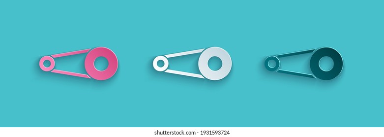 Paper cut Bicycle chain with cogwheels icon isolated on blue background. Bike chain sprocket transmission. Paper art style. Vector