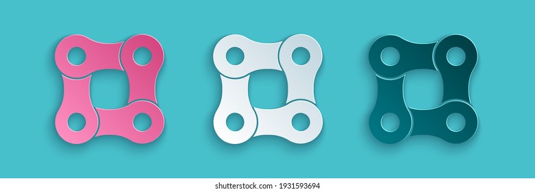 Paper cut Bicycle chain icon isolated on blue background. Bike chain sprocket transmission. Paper art style. Vector