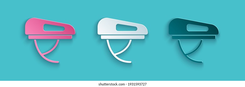 Paper cut Bicycle helmet icon isolated on blue background. Extreme sport. Sport equipment. Paper art style. Vector