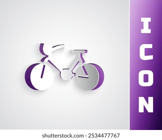 Paper cut Bicycle icon isolated on grey background. Bike race. Extreme sport. Sport equipment. Paper art style. Vector