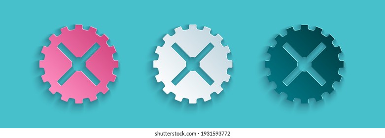 Paper cut Bicycle sprocket crank icon isolated on blue background. Paper art style. Vector