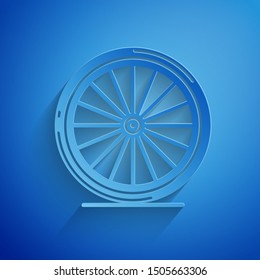 Paper cut Bicycle wheel icon isolated on blue background. Bike race. Extreme sport. Sport equipment. Paper art style. Vector Illustration Paper cut Bicycle wheel icon isolated on blue background. Bike race. Extreme sport. Sport equipment. Paper art style. Vector Illustration