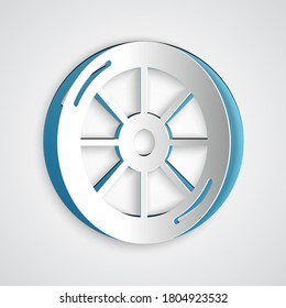 Paper cut Bicycle wheel icon isolated on grey background. Bike race. Extreme sport. Sport equipment. Paper art style. Vector.
