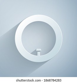 Paper cut Bicycle wheel icon isolated on grey background. Bike race. Wheel tire air. Sport equipment. Paper art style. Vector