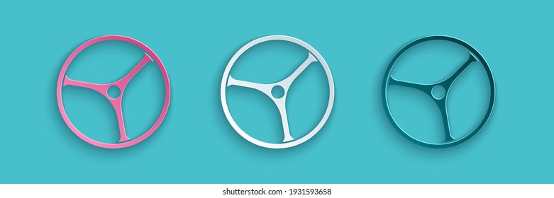 Paper cut Bicycle wheel icon isolated on blue background. Bike race. Extreme sport. Sport equipment. Paper art style. Vector