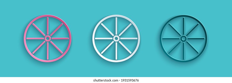 Paper cut Bicycle wheel icon isolated on blue background. Bike race. Extreme sport. Sport equipment. Paper art style. Vector