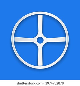 Paper cut Bicycle wheel icon isolated on blue background. Bike race. Extreme sport. Sport equipment. Paper art style. Vector