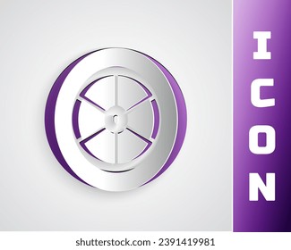 Paper cut Bicycle wheel icon isolated on grey background. Bike race. Extreme sport. Sport equipment. Paper art style. Vector