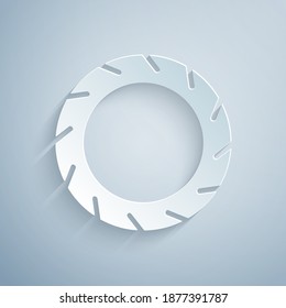Paper cut Bicycle wheel tire icon isolated on grey background. Bike race. Extreme sport. Sport equipment. Paper art style. Vector.