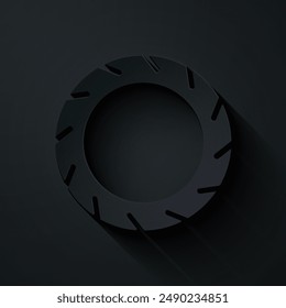 Paper cut Bicycle wheel tire icon isolated on black background. Bike race. Extreme sport. Sport equipment. Paper art style. Vector