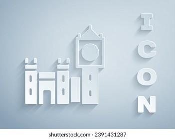 Paper cut Big Ben tower icon isolated on grey background. Symbol of London and United Kingdom. Paper art style. Vector