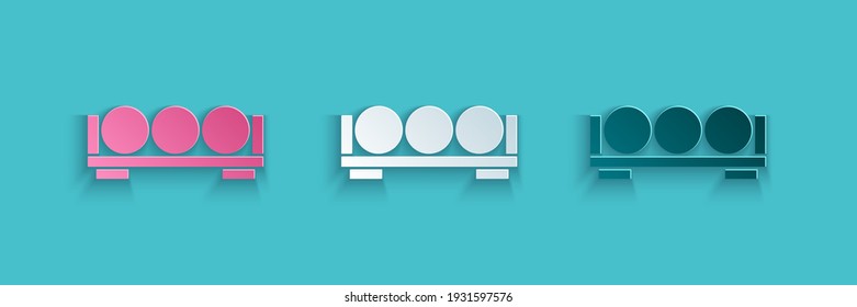 Paper cut Billiard balls on a stand icon isolated on blue background. Billiard balls on a shelf. Paper art style. Vector