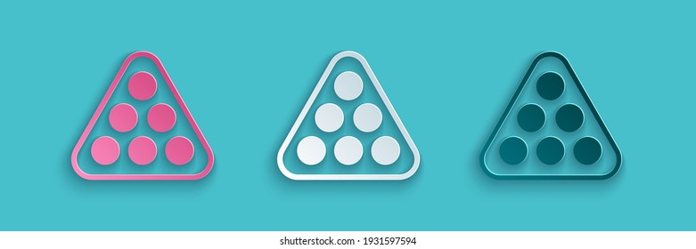 Cortó papel bolas de Billiard en un icono del triángulo de la cremallera aislado en el fondo azul. Estilo de arte de papel. Vector
