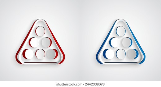 Paper cut Billiard balls in a rack triangle icon isolated on grey background. Paper art style. Vector