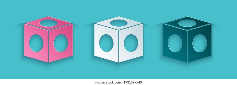 Cortado de papel Icono de tiza Billiard aislado en fondo azul. Bloque de charla para el arranque de billar. Estilo de arte de papel. Vector