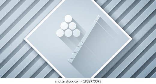 Paper cut Billiard cue and ball icon isolated on grey background. Paper art style. Vector