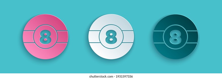 Paper cut Billiard pool snooker ball with number 8 icon isolated on blue background. Paper art style. Vector