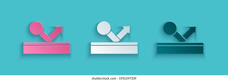 Paper cut Billiard pool snooker ball with number 8 icon isolated on blue background. Paper art style. Vector