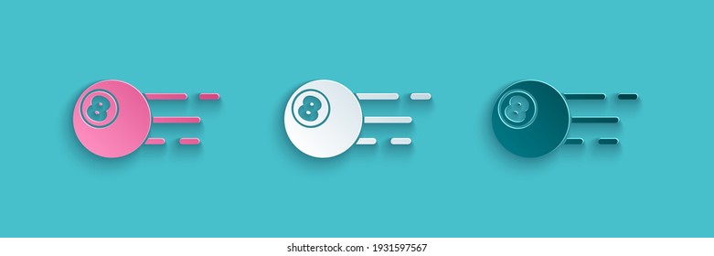 Paper cut Billiard pool snooker ball with number 8 icon isolated on blue background. Paper art style. Vector