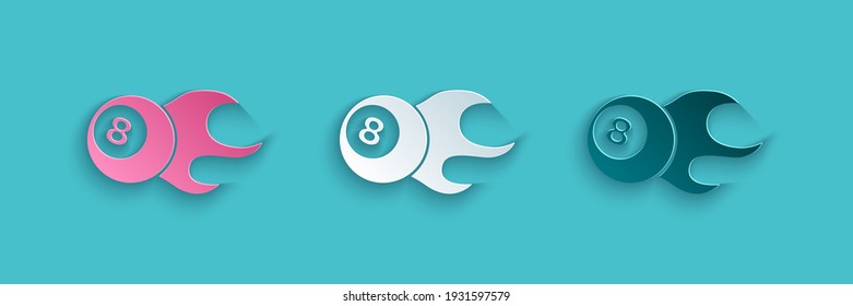 Paper cut Billiard pool snooker ball with number 8 icon isolated on blue background. Paper art style. Vector