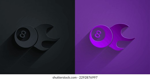 Paper cut Billiard pool snooker ball with number 8 icon isolated on black on purple background. Paper art style. Vector