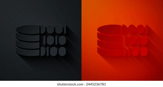 Paper cut Binary code icon isolated on black and red background. Paper art style. Vector