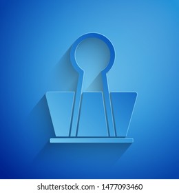 Paper cut Binder clip icon isolated on blue background. Paper clip. Paper art style. Vector Illustration