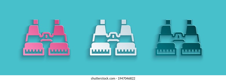 Paper cut Binoculars icon isolated on blue background. Find software sign. Spy equipment symbol. Paper art style. Vector