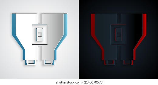 Paper cut Binoculars icon isolated on grey and black background. Find software sign. Spy equipment symbol. Paper art style. Vector