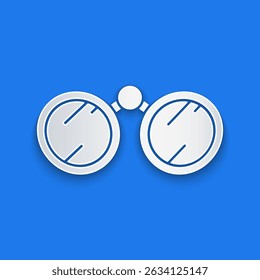 Paper cut Binoculars icon isolated on blue background. Find software sign. Spy equipment symbol. Paper art style. Vector Illustration